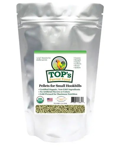 Vibrant 1lb bag of TOP's Parrot Food Small Pellets, ideal for mid-size and smaller parrots, showcasing organic, natural ingredients.