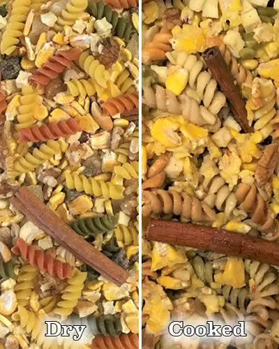 Vibrant mix of Crazy For Corn Nuts & Noodles with rolled corn, colorful rotini, pineapple, nuts, and cinnamon sticks.