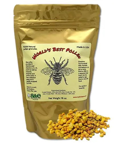 Vibrant 16oz jar of World's Best Bee Pollen granules, showcasing golden, nutrient-rich grains for birds and pets.