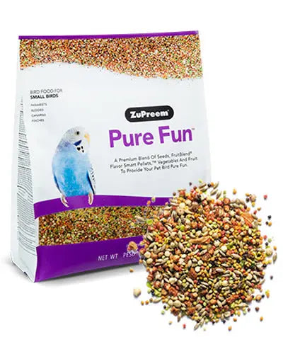 Vibrant mix of seeds, colorful FruitBlend pellets, veggies, and fruits in a 2lb bag of Pure Fun Bird Food for small birds.