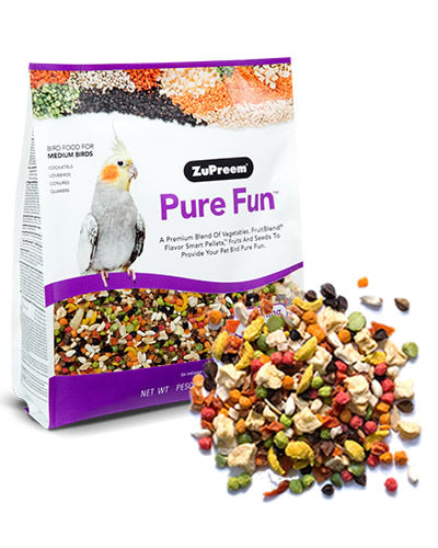 Vibrant mix of vegetables, fruits, seeds, and colorful FruitBlend pellets in Pure Fun Bird Food for medium birds.