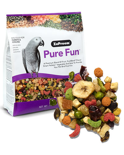 Vibrant mix of fruits, vegetables, nuts, and FruitBlend® pellets in a 2lb bag of Zupreem Pure Fun for parrots and conures.