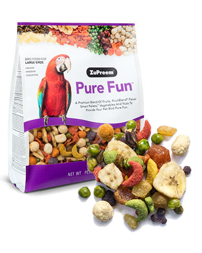 Vibrant mix of fruits, vegetables, nuts, and FruitBlend® Smart Pellets in Pure Fun Bird Food for large birds like Macaws.