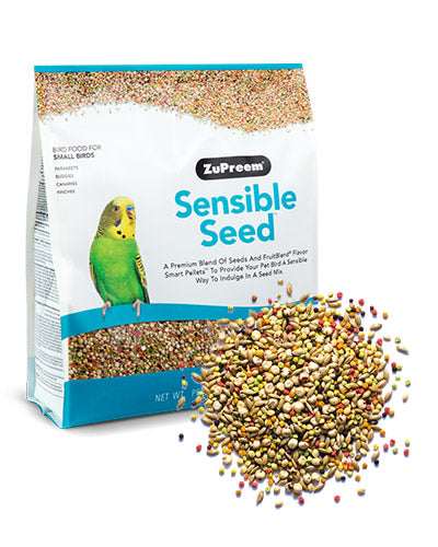 Vibrant mix of seeds and colorful FruitBlend® Smart Pellets in Sensible Seed for small birds like parakeets and finches.