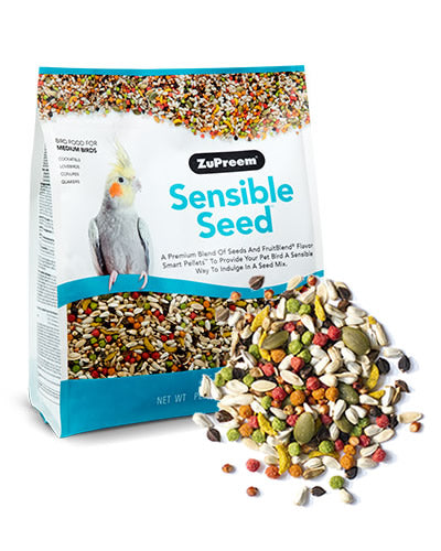 Vibrant mix of seeds and colorful FruitBlend® Smart Pellets in Sensible Seed Bird Food for medium birds like Cockatiels.