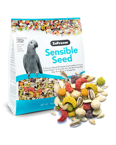 Vibrant mix of seeds and colorful FruitBlend pellets in Sensible Seed for Parrots and Conures, perfect for African Greys and more.