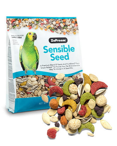 Vibrant mix of seeds and colorful FruitBlend® Smart Pellets in Sensible Seed for large birds like Macaws and Cockatoos.