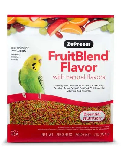 Vibrant 2lb bag of Zupreem Small Parakeet Fruit Blend, showcasing a colorful mix of nutritious bird food pellets.