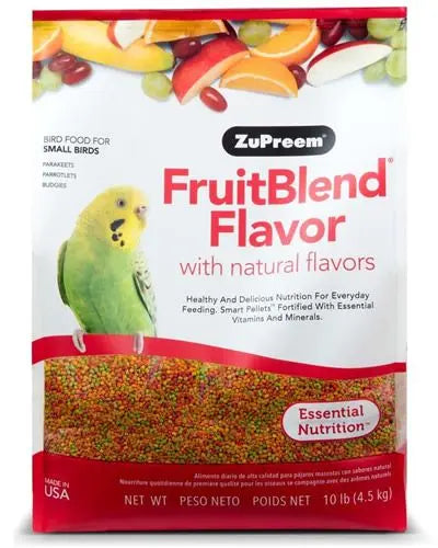 Vibrant 10lb bag of Zupreem Small Parakeet Fruit Blend, packed with colorful fruit-flavored pellets for tiny birds.