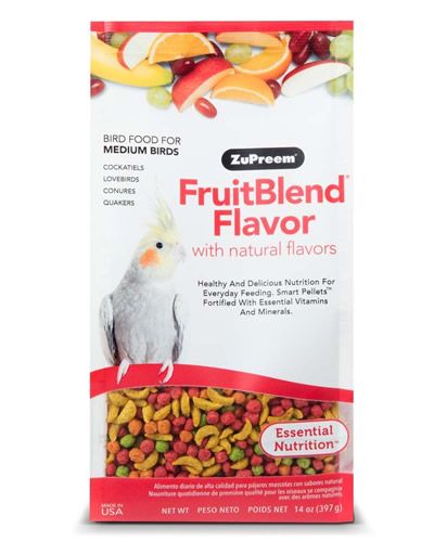 Vibrant Zupreem Medium Cockatiel Fruit Blend in a colorful mix, packed with fruity flavors and essential nutrients for small parrots.