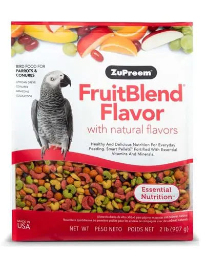 Vibrant 2lb bag of Zupreem Fruit Blend for medium to large parrots, showcasing colorful pellets with natural fruit flavors.