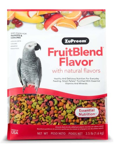 Vibrant 3.5lb bag of Zupreem Fruit Blend for medium to large parrots, bursting with colorful pellets and fruity flavors.