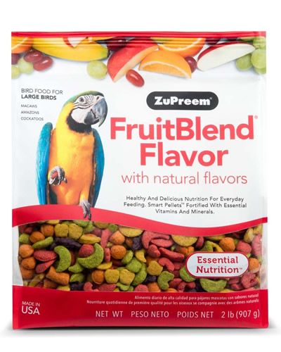 Vibrant 2lb bag of Zupreem Large Parrot Fruit Blend, showcasing colorful pellets packed with fruity flavors for big birds.