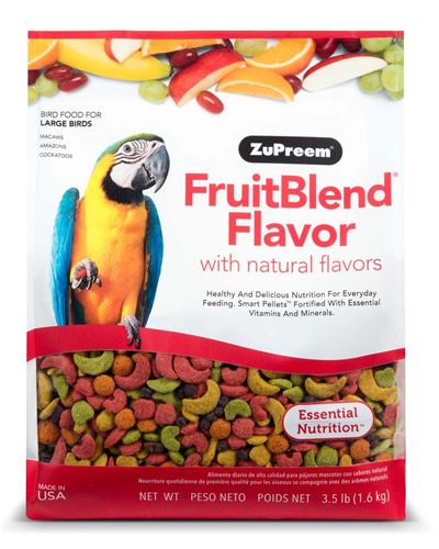 Vibrant mix of Zupreem Large Parrot Fruit Blend pellets, bursting with natural fruit flavors for macaws and cockatoos.