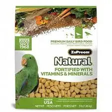 Vibrant 3lb bag of ZuPreem Natural Parrot/Conure food, packed with wholesome pellets for medium to large parrots.