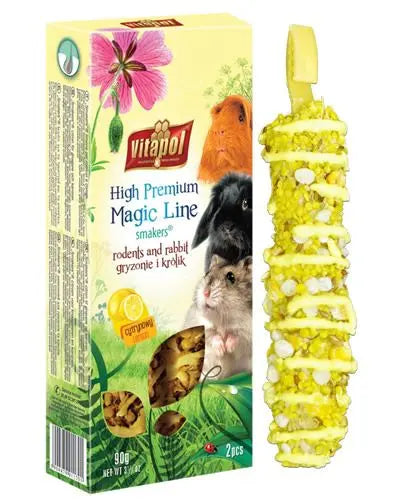 Bright yellow Smakers Premium lemon treat sticks for small animals, packed with natural, nutritious ingredients for hamsters, guinea pigs, and rabbits.