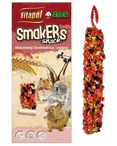Delicious Smakers Strawberry Treat Sticks for small animals, featuring a vibrant red hue and natural, wholesome ingredients.