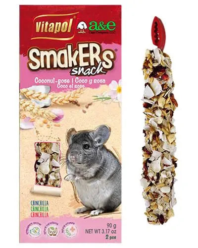 Delicious Smakers Coconut Chinchilla treat sticks in a 2-pack, featuring natural ingredients with a tempting coconut flavor.