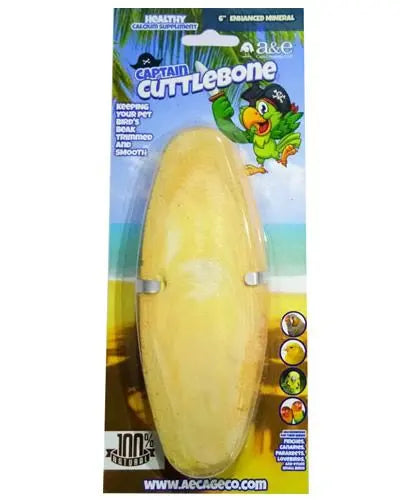 Vibrant 6-inch mineral cuttlebone by Captain Cuttlebone, designed for birds, showcasing a textured, calcium-rich surface.