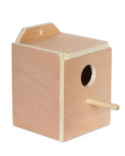 Cozy hardwood Finch Nesting Box by A&E Cage Co. with a front access hole, perch, and easy-open top for cleaning.