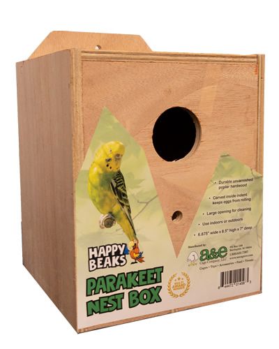 Cozy wooden Parakeet nesting box by A&E Cage, sized at 7x7x8.5 inches, perfect for creating a safe, snug bird haven.