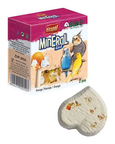 Two heart-shaped orange-infused mineral blocks with a plastic hanger clip, designed as a calcium-rich pet diet supplement.
