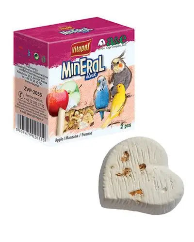 Two heart-shaped, apple-infused mineral blocks with a plastic hanger clip, designed as a calcium-rich pet diet supplement.