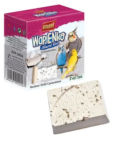 Sea Shell infused mineral block by Vitapol, a calcium-rich pet supplement with a hanger, sized 3.75x2.75x1.5 inches.