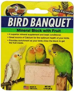 Vibrant Zoo Med Bird Banquet mineral block with a tropical fruit blend of mango, banana, papaya, and pineapple for birds.