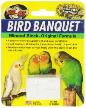 Colorful Zoo Med Bird Banquet Mineral Block with white millet and seeds, offering calcium and beak conditioning for birds.