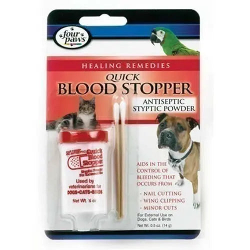 Handy .5oz jar of Quick Blood Stopper Antiseptic Styptic Powder, perfect for safely treating nicks and minor pet wounds.