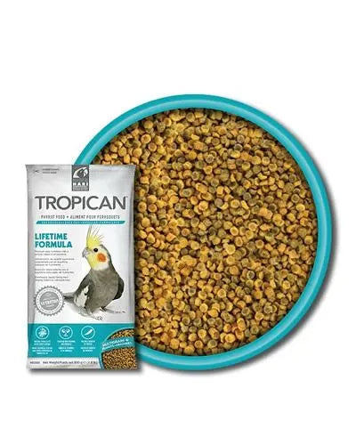 Vibrant Tropican Lifetime Granules in a 25lb bag, specially crafted for cockatiels with a balanced, colorful mix.
