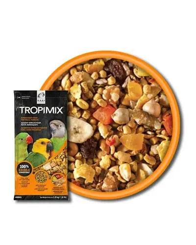 Vibrant mix of grains, nuts, fruits, and veggies in Hari TropiMix Small Parrot 20lb blend, perfect for Conures and Quakers.