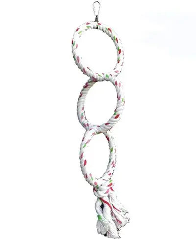 Vibrant Happy Beaks triple ring rope swing for birds, featuring soft cotton rings woven for grip, ideal for exercise and stress relief.