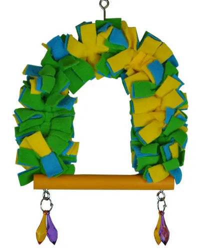 Cozy Happy Beaks medium fleece bird swing with soft, ruffled sides and colorful acrylic raindrop accents for playful pets.