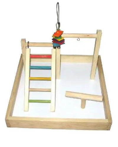 Colorful Happy Beaks table top play station for birds, featuring wooden ladders, perches, and swings for fun exercise.