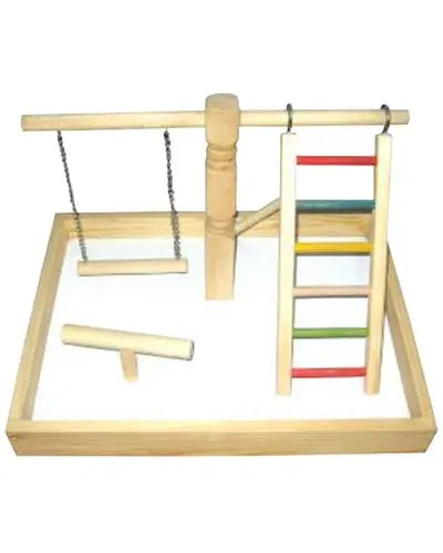 Vibrant Happy Beaks table top play station with wooden ladders, perches, and swings, perfect for medium-sized birds.