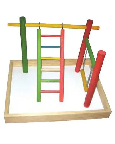 Vibrant Happy Beaks table top play station with wooden ladders, perches, and swings, perfect for medium-sized birds.