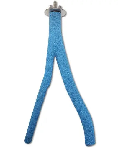 Close-up of the Happy Beaks Medium Forked Sand Covered Perch, showcasing its textured sandy coating and sturdy 10-inch forked wooden design for bird comfort and nail trimming.