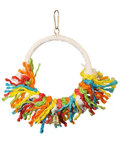 Colorful sisal rope swing for birds, featuring shreddable strands and a sturdy perch, perfect for play and preening.