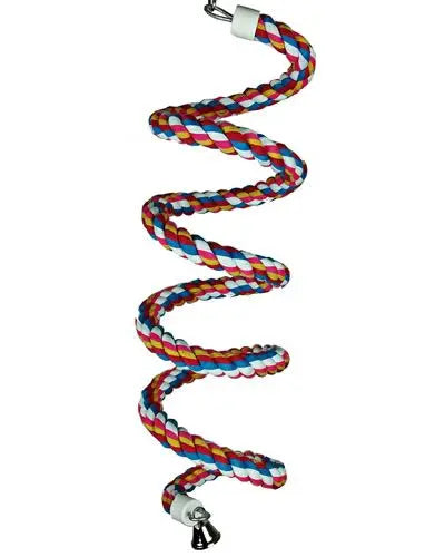 Vibrant rainbow cotton rope boing for birds, featuring a liberty bell at the bottom, perfect for cage or play stand fun.