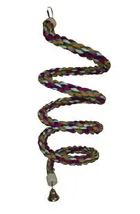 Vibrant extra-large rainbow cotton rope boing for birds, featuring a liberty bell at the bottom, perfect for play and exercise.