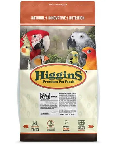 Vibrant mix of Higgins Vita Seed Natural Parrot blend, featuring colorful seeds, grains, dried fruits, and vegetables.