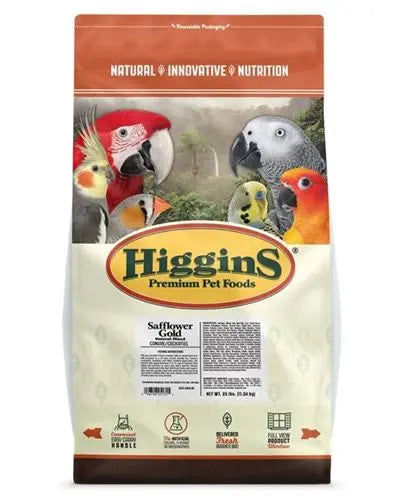 Vibrant mix of Higgins Safflower Gold Natural Tiel/Conure seed diet with colorful fruits, nuts, and fortified vitamins.