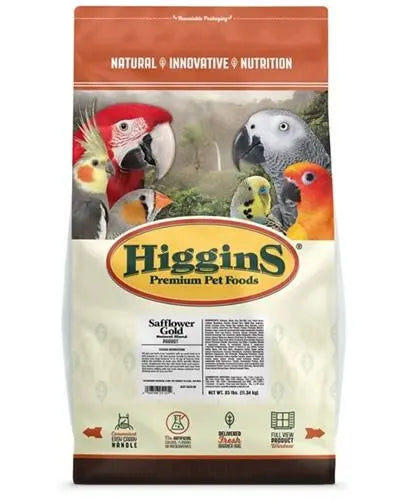 Vibrant mix of Higgins Safflower Gold Natural Parrot food with colorful chunks of papaya, pineapple, nuts, and raisins.