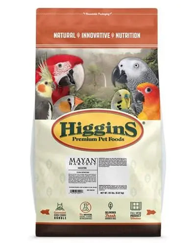 Vibrant 20lb Higgins Mayan Yucatan Blend, packed with blueberries, pine nuts, chamomile flowers, and basil leaves for a natural gourmet bird food mix.