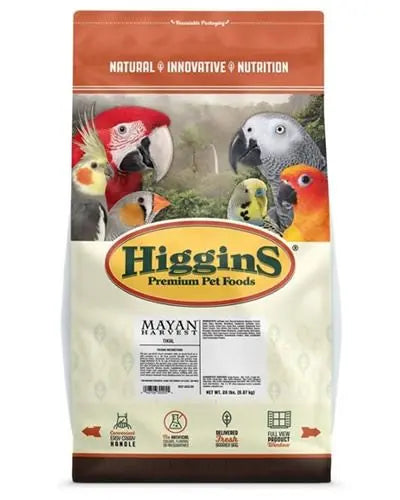 Vibrant 20lb Higgins Mayan Harvest Tik'al Blend showcasing a colorful mix of blueberries, pine nuts, and holistic herbs.