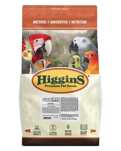 Vibrant mix of fruits, veggies, seeds, grains, and nuts in Higgins Tiel Sunburst Gourmet Mix for cockatiels.