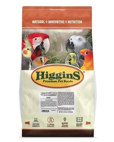 Vibrant 25lb bag of Higgins Sunburst Parrot Gourmet Mix, packed with colorful fruits, seeds, nuts, and grains for birds.
