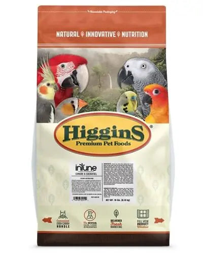 Vibrant Higgins InTune Pellets for cockatiels and conures, showcasing small, colorful 1/4" pellets with a natural, fruity appeal.